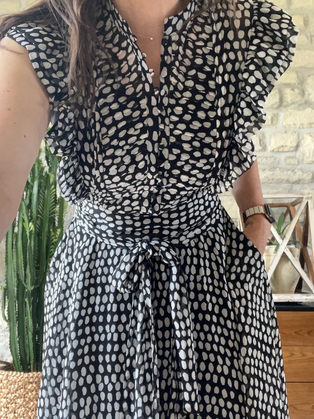 CLUB MONACO Saffra Black and White Polka Dot Ruffled Waist-Tie Midi Dress 6 NWT